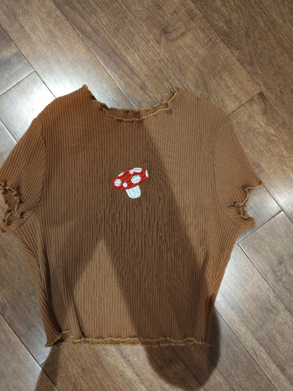 SHEIN Brown Ribbed Crop Top with Red Mushroom Patch